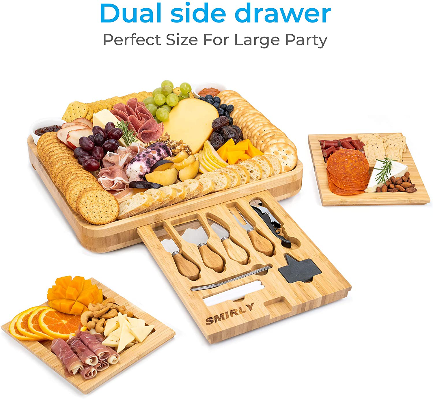 SMIRLY Bamboo Cheese Board and Knife Set: Large Charcuterie Board Set - Wine Meat Cheese Platter - Unique Housewarming Gift for Women, Wedding & Anniversary Gift for Couple, Bridal Shower Gift for Her