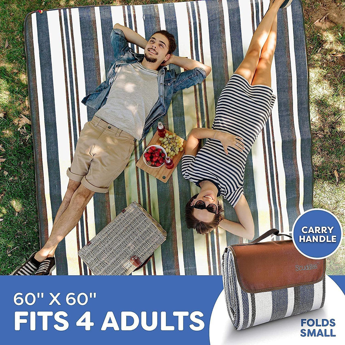 Extra Large Picnic Blanket Dual Layers for Outdoor Water-Resistant Handy Mat Tote Spring Summer Blue and White Striped for The Beach, Camping on Grass