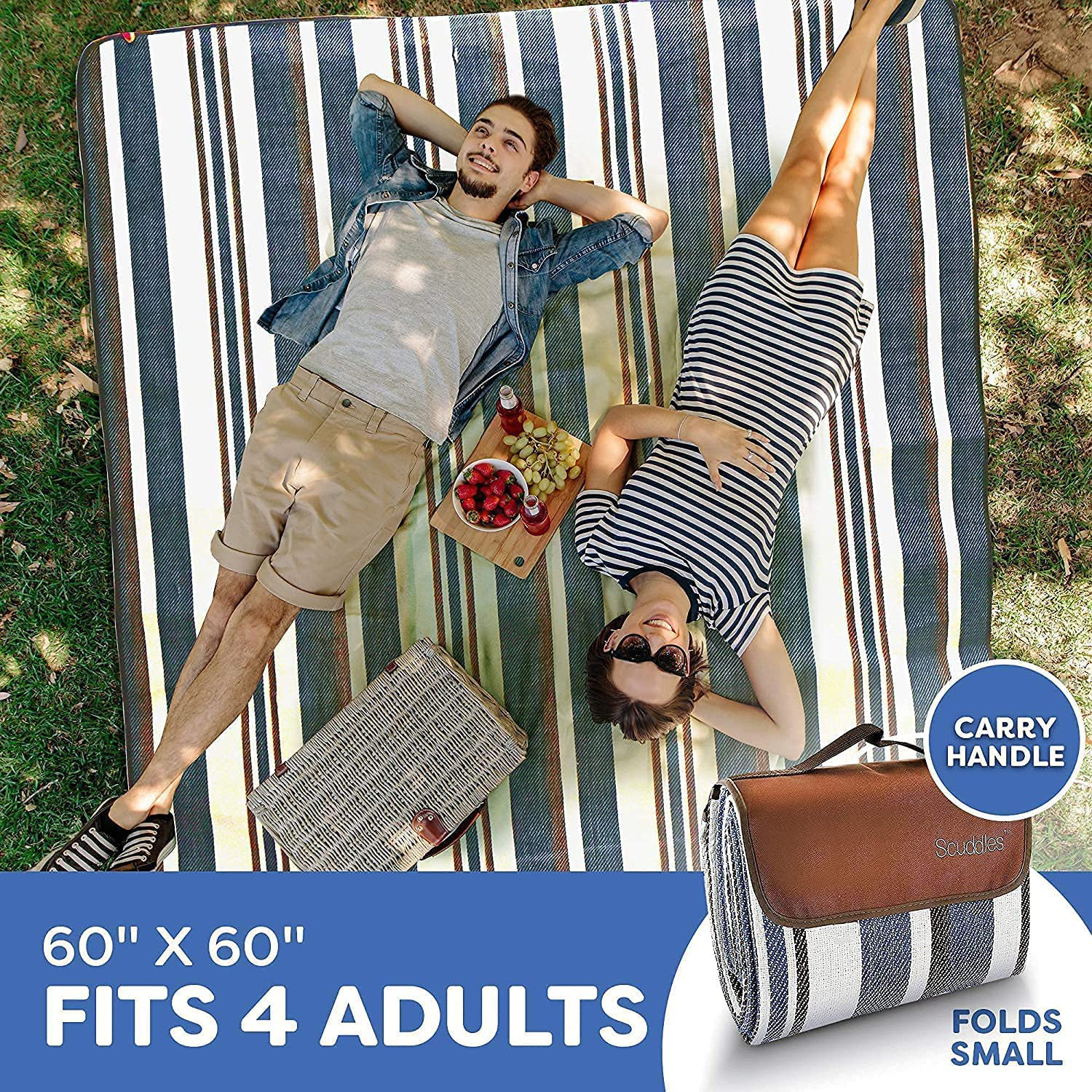Extra Large Picnic Blanket Dual Layers for Outdoor Water-Resistant Handy Mat Tote Spring Summer Blue and White Striped for The Beach, Camping on Grass