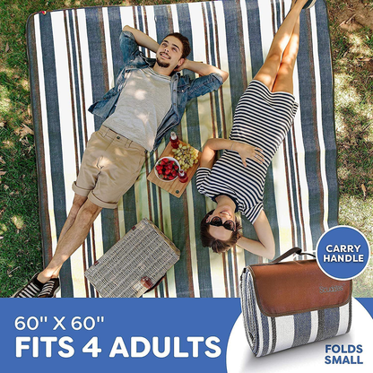 Extra Large Picnic Blanket Dual Layers for Outdoor Water-Resistant Handy Mat Tote Spring Summer Blue and White Striped for The Beach, Camping on Grass