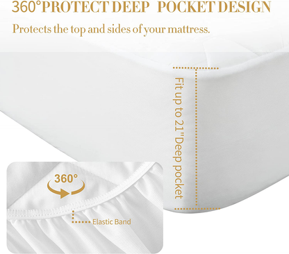 Cal King Size Quilted Fitted Mattress Pad, 100% Waterproof Breathable Mattress Protector, Ultra Soft Alternative Filling Mattress Cover, Stretches up to 21 Inches Deep Pocket (White)