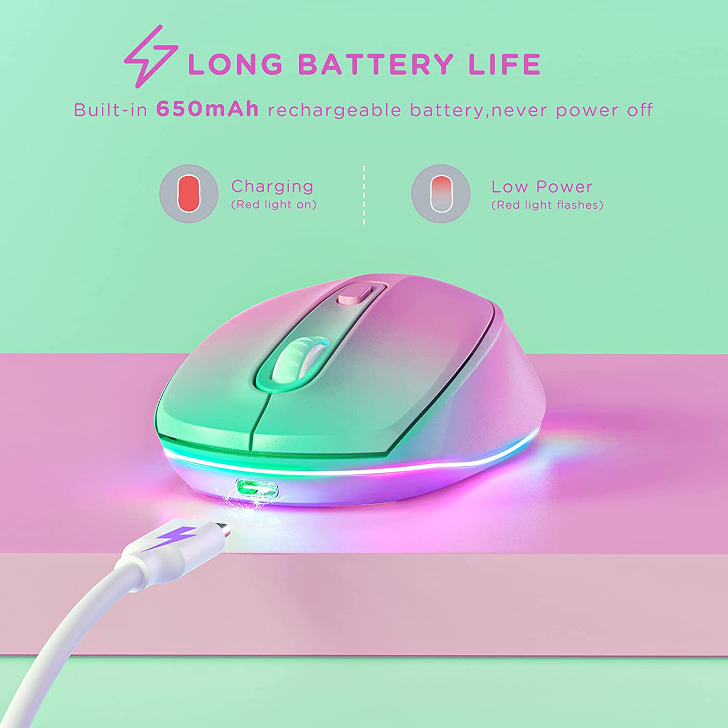 seenda Wireless Mouse, Ultra Silent Rechargeable LED Cordless Mouse with USB Receiver and 3 Adjustable DPI for Kids Laptop Computer Chromebook, Gradient Blue