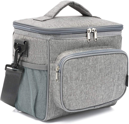 FlowFly Insulated Reusable Lunch Bag Adult Large Lunch Box for Women and Men with Adjustable Shoulder Strap,Front Zipper Pocket and Dual Large Mesh Side Pockets, Grey
