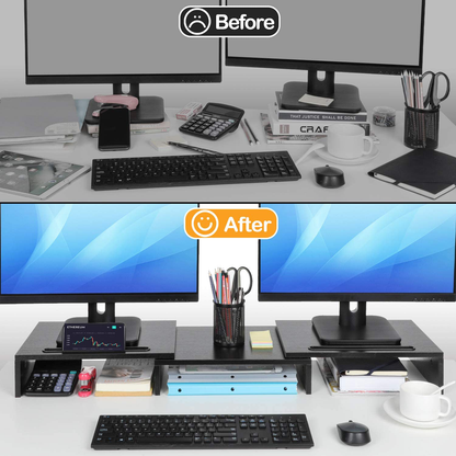 AMERIERGO Dual Monitor Stand Riser- 3 Shelf Screen Stand with Adjustable Length and Angle, 2 Extra Functional Slot Desktop Organizer Stand for PC, Computer, Laptop (Black)
