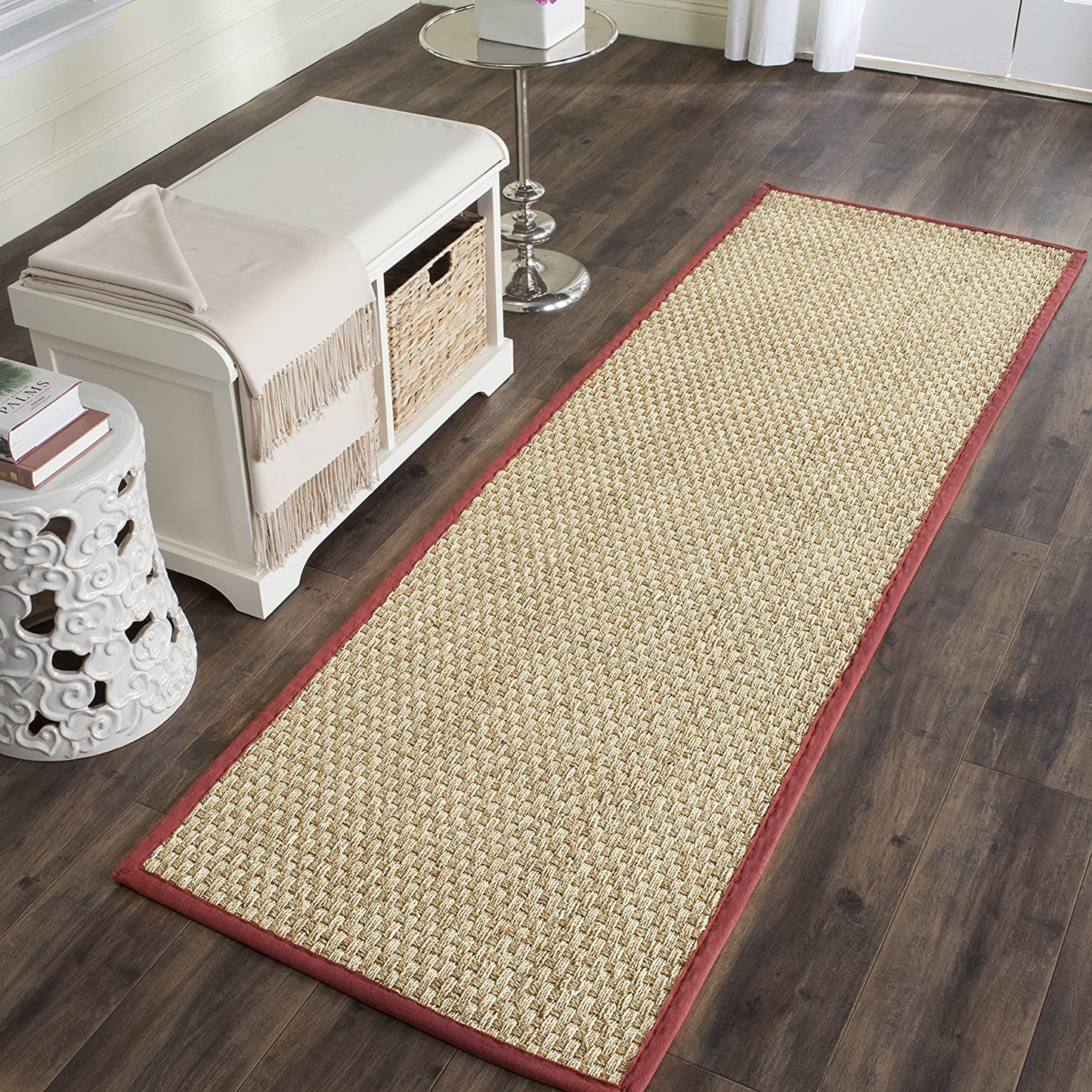 Safavieh Natural Fiber Collection NF114D Border Basketweave Seagrass Runner, 2'6" x 6' , Red