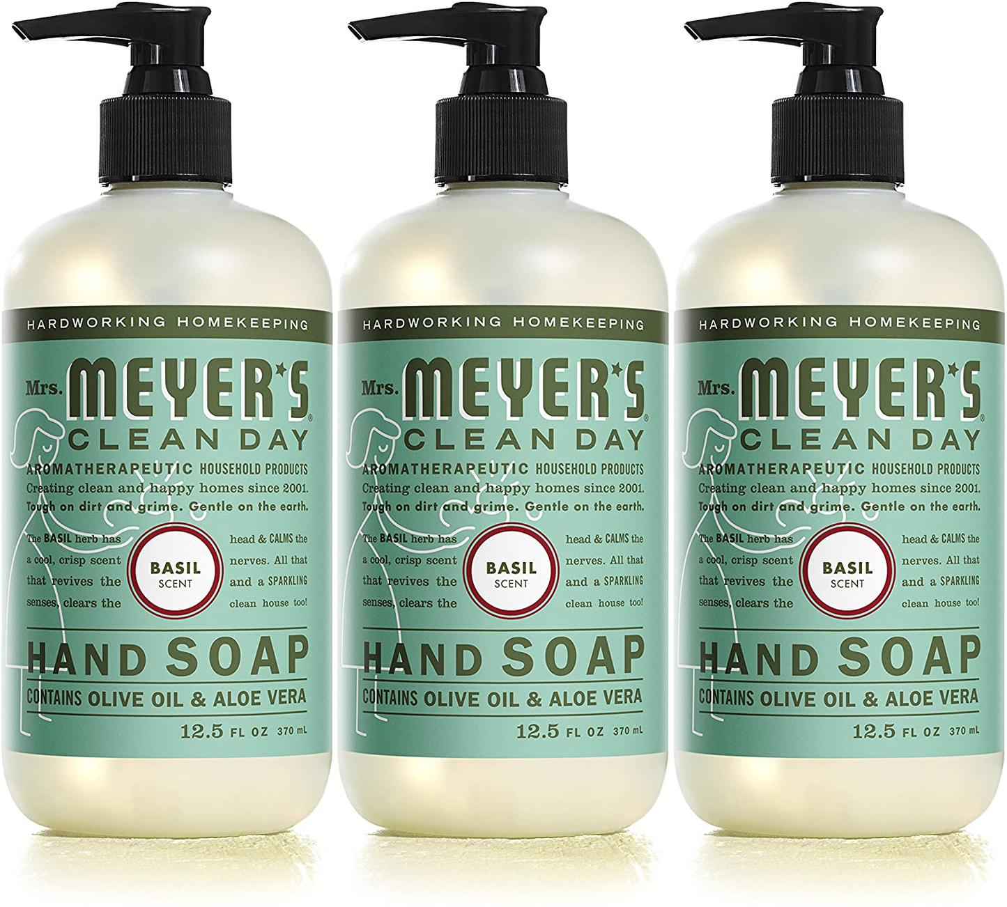 Mrs. Meyer's Clean Day Liquid Hand Soap, Cruelty Free and Biodegradable Hand Wash Formula Made with Essential Oils, Basil Scent, 12.5 oz - Pack of 3