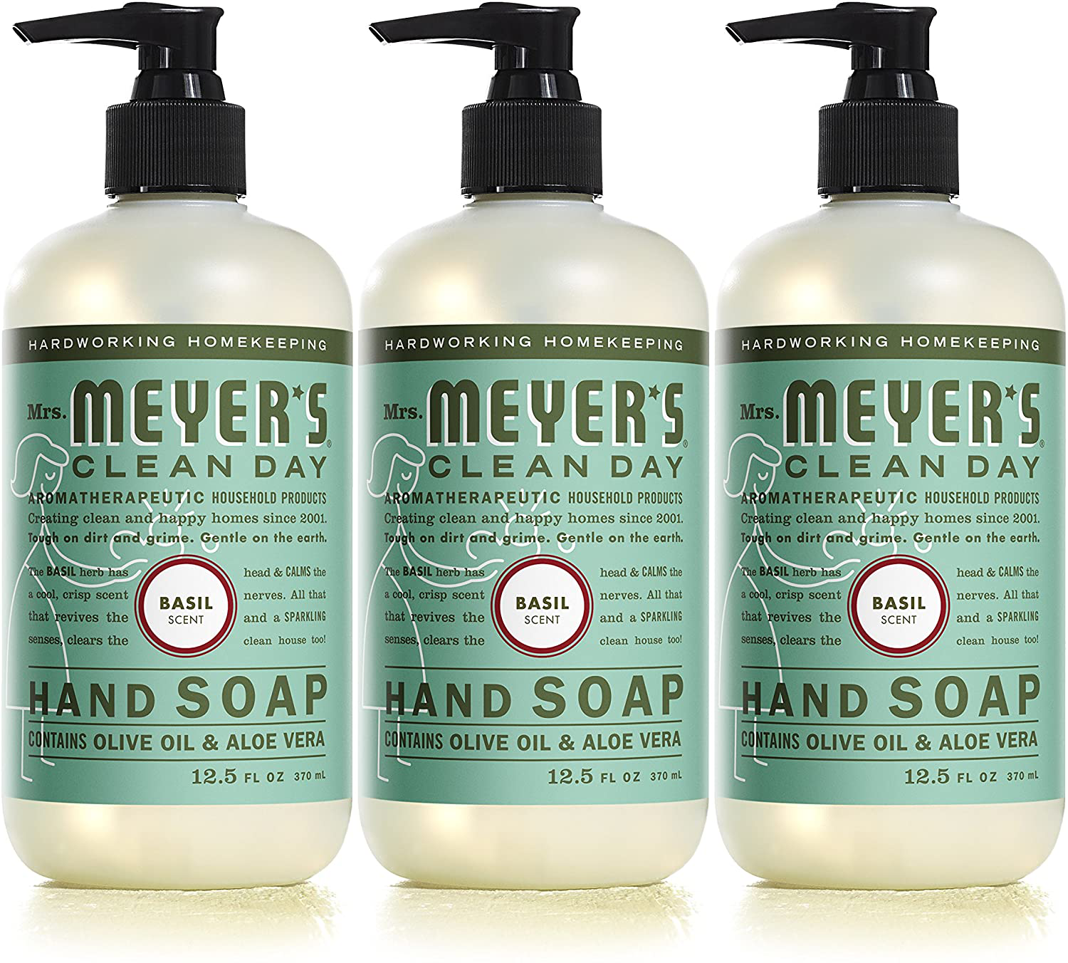 Mrs. Meyer's Clean Day Liquid Hand Soap, Cruelty Free and Biodegradable Hand Wash Formula Made with Essential Oils, Basil Scent, 12.5 oz - Pack of 3
