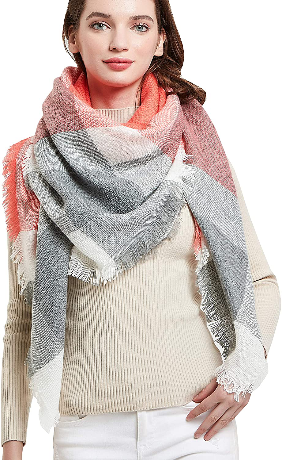 Wander Agio Womens Warm Scarf Square Winter Shawls Large Infinity Scarves Stripe Plaid Scarf