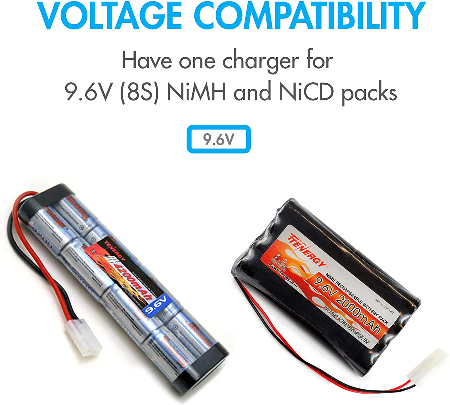 Tenergy RC Battery Charger for 9.6V (8S) NiMH/NiCd Battery Packs, 12V 400mA AC Plug Charger w/ Standard Tamiya Connector for RC Hobbies, Not Compatible with Spike The Dinosaur