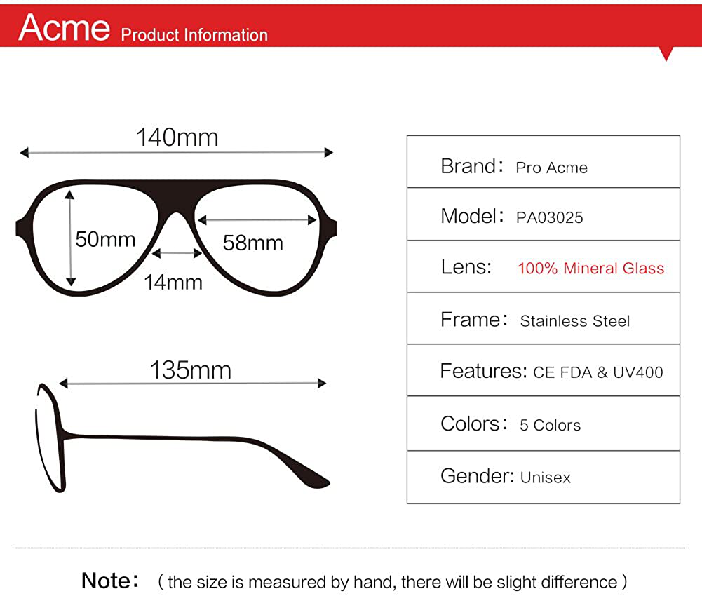 Pro Acme Classic Aviator Sunglasses for Men Women 100% Real Glass Lens