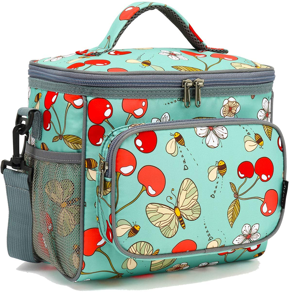 FlowFly Insulated Reusable Lunch Bag Adult Large Lunch Box for Women and Men with Adjustable Shoulder Strap Front Zipper Pocket and Dual Large Mesh Side Pockets, Turquoise#Cherry