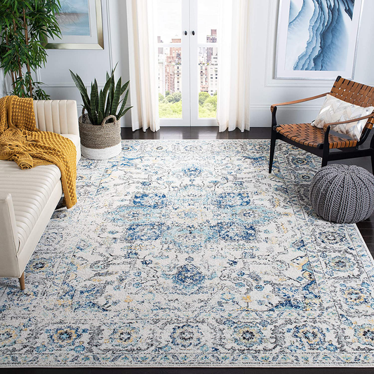 Safavieh Madison Collection MAD603K Oriental Snowflake Medallion Distressed Non-Shedding Stain Resistant Living Room Bedroom Area Rug, 4' x 4' Square, Turquoise / Ivory