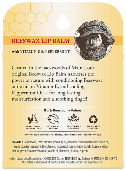 Burt's Bees 100% Natural Moisturizing Lip Balm, Original Beeswax with Vitamin E & Peppermint Oil – 4 Count