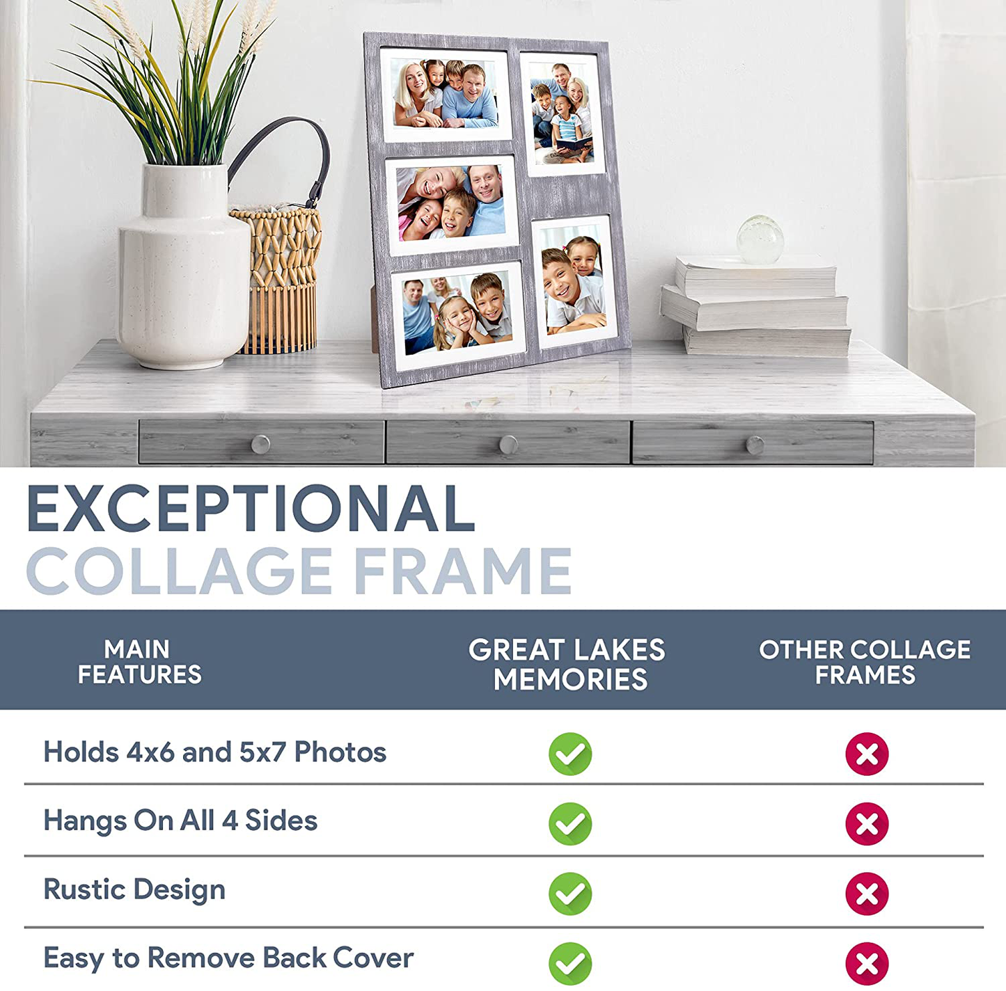 GLM Collage Picture Frames for 4x6 and 5x7 Photos with Glass and Mat, Photo Frame Collage for Wall Holds Five 4x6 Or 5x7 Photos - Picture Frames Collage Rustic Distressed (Gray)