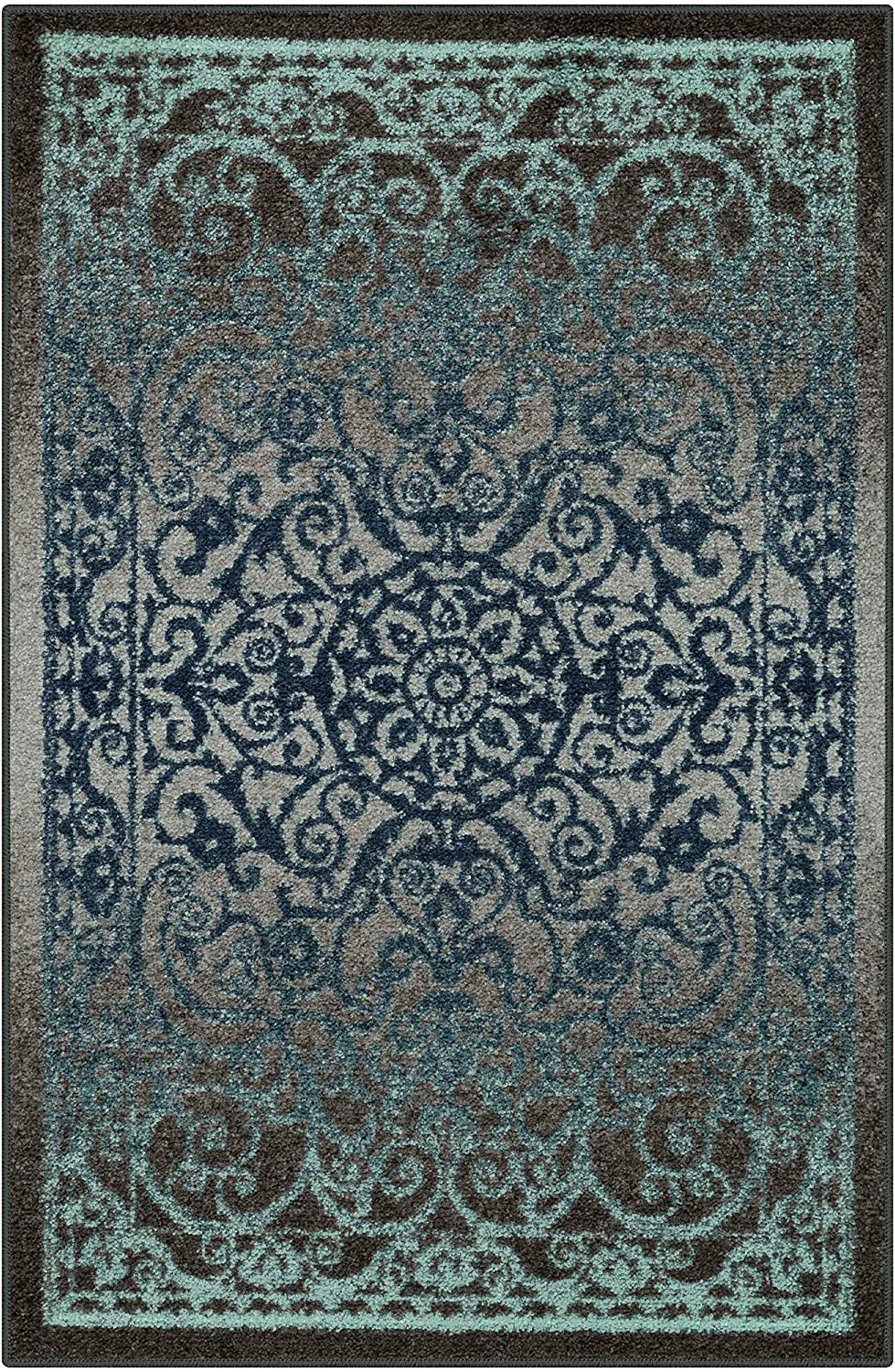Maples Rugs Pelham Vintage Kitchen Rugs Non Skid Accent Area Carpet [Made in USA], 2'6 x 3'10, Charcoal/Radiant Blue