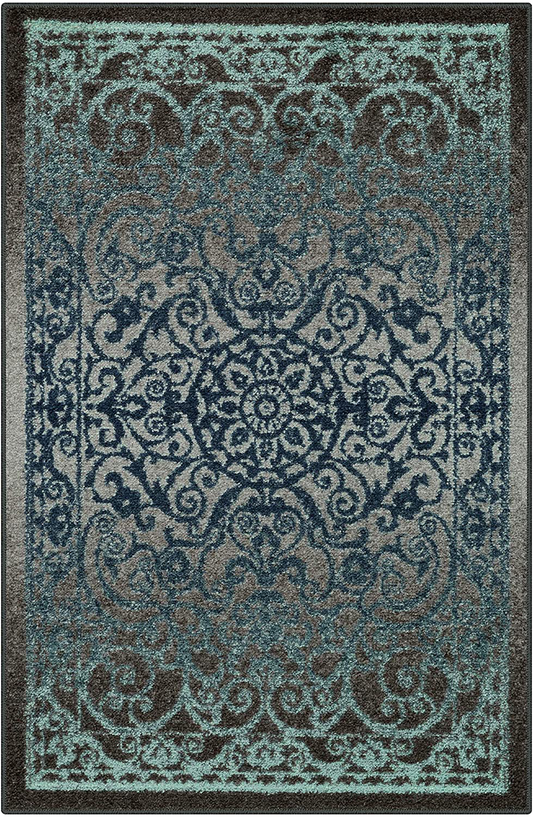 Maples Rugs Pelham Vintage Kitchen Rugs Non Skid Accent Area Carpet [Made in USA], 2'6 x 3'10, Charcoal/Radiant Blue