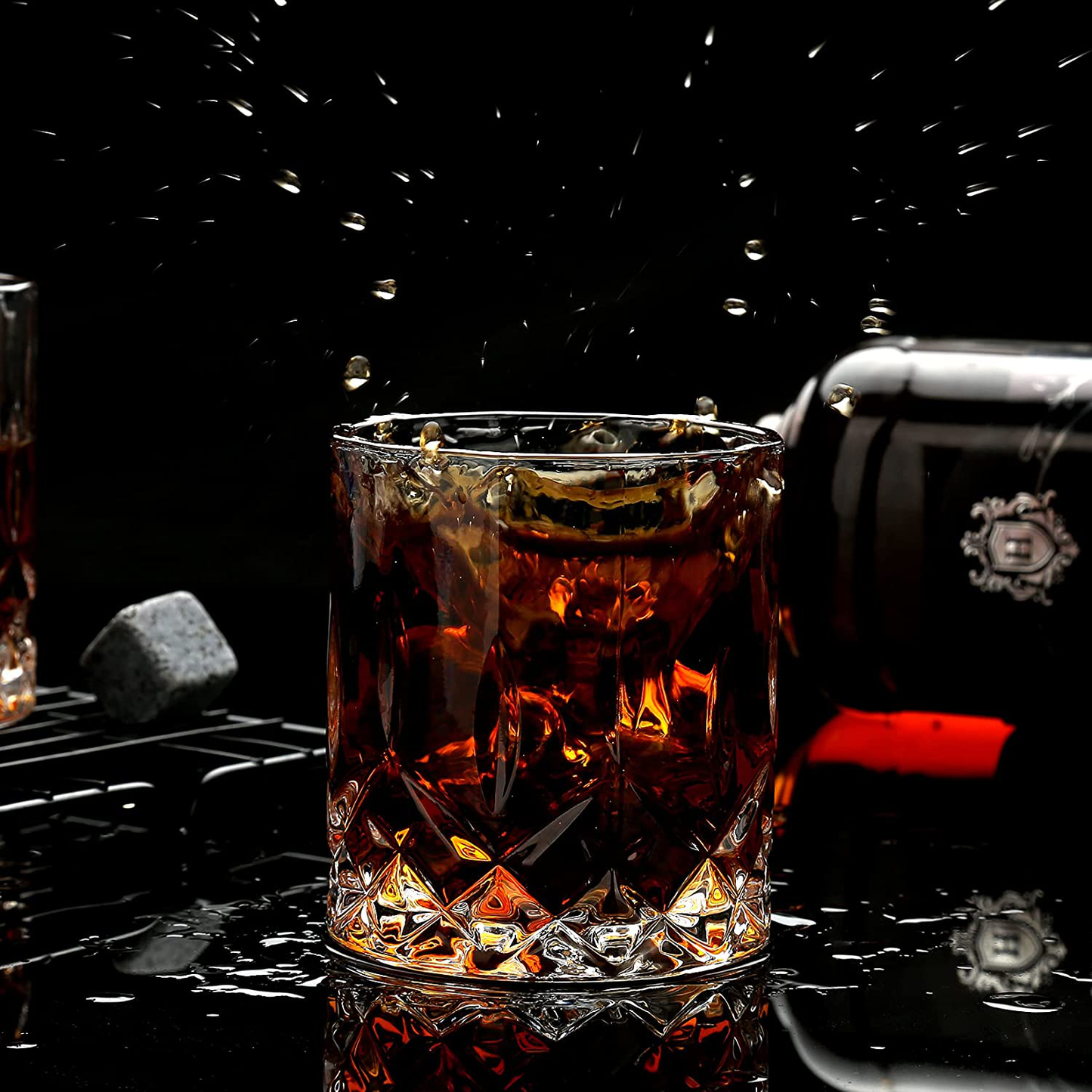 Whiskey Stones Gift Set - Whiskey Glass Set of 2 - Stainless Steel Chilling Whiskey Cubes - Scotch Bourbon Whiskey Glass Gift Box Set - Best Drinking Gift for Men Dad Husband Birthday Holiday Present