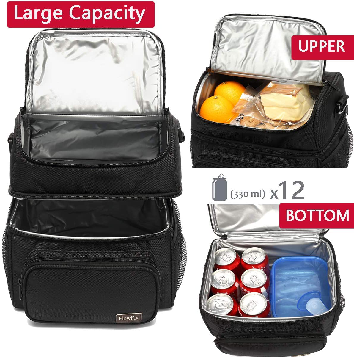 FlowFly Double Layer Cooler Insulated Lunch Bag Adult Lunch Box Large Tote Bag for Men, Women, With Adjustable Strap,Front Pocket and Dual Large Mesh Side Pockets,Pink