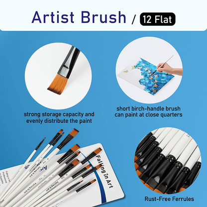 Falling in Art Paint Brushes Set, 12 PCS Nylon Professional Flat Paint Brushes for Watercolor, Oil Painting, Acrylic, Face Body Nail Art, Crafts, Rock Painting