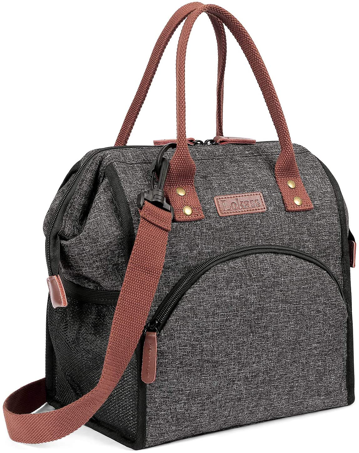 LOKASS Lunch Bag Insulated Lunch Box Wide-Open Lunch Tote Bag Large Drinks Holder Durable Nylon Snacks Organizer with Removable Shoulder Strap for Women Men Adults Work Outdoor,Black