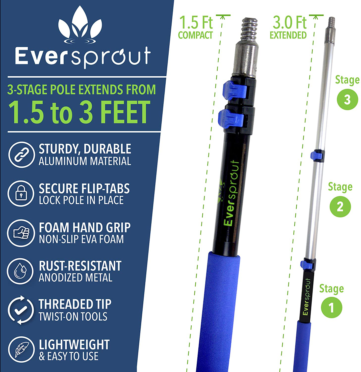 EVERSPROUT 1.5-to-3.5 Foot Scrub Brush | Built-in Rubber Bumper | Lightweight Extension Pole Handle | Soft Bristles wash Car, RV, Boat, Solar Panel, Deck | No Scratch Brush
