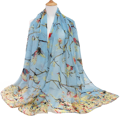 GERINLY Scarfs for Women Lightweight Floral Birds Print Cotton Scarves and Wraps for Holiday