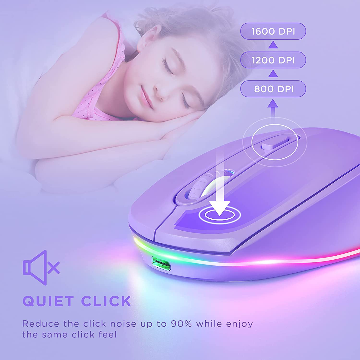 seenda Wireless Mouse, Ultra Silent LED Cordless Mouse with USB Receiver and 3 Adjustable DPI for Kids Laptop Computer Chromebook(Purple)