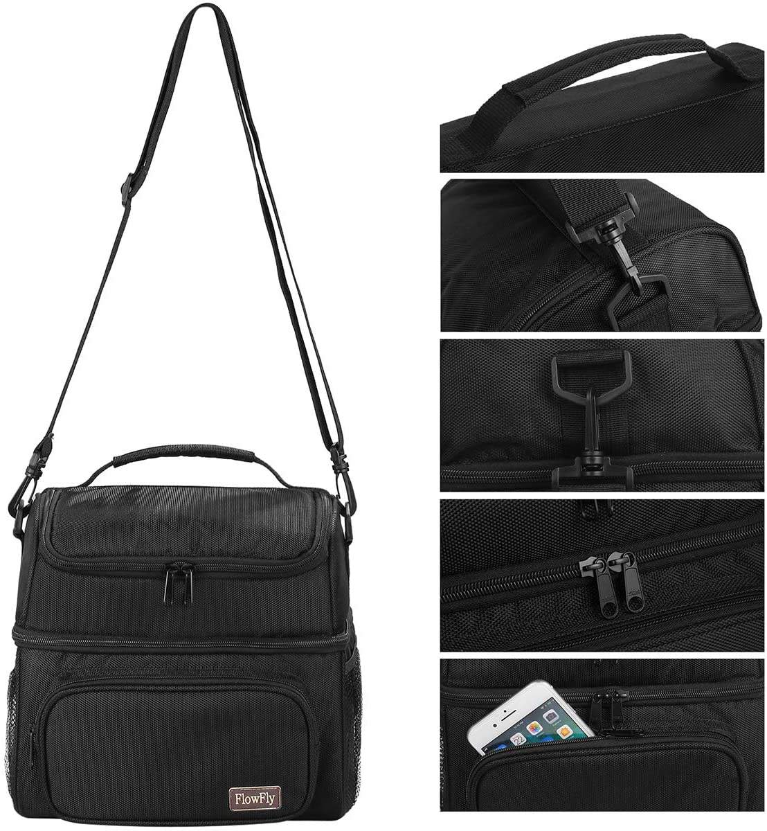 FlowFly Double Layer Cooler Insulated Lunch Bag Adult Lunch Box Large Tote Bag for Men, Women, With Adjustable Strap,Front Pocket and Dual Large Mesh Side Pockets,Purple
