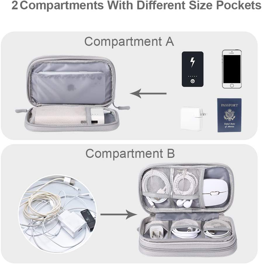 DDgro Electronics Travel Organizer, Waterproof Tech Accessories Pouch Bag for Keeping Certificates/Charger/Power Bank/Cables/Mouse/Earphone/Students’ stationeries Organized (Light Gray)