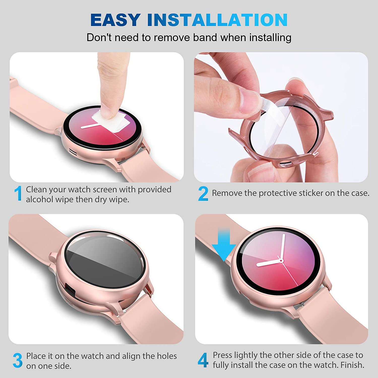 2 Pack Tempered Glass Screen Protector Cover Compatible with Samsung Galaxy Watch Active 2 44mm 40mm, Bumper Full Around Cover for Samsung Galaxy Watch Active2 44 40 