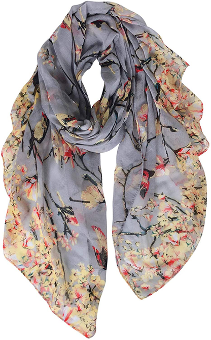 GERINLY Scarfs for Women Lightweight Floral Birds Print Cotton Scarves and Wraps for Holiday
