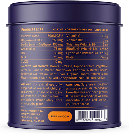 Finn All-in-1 Dog Multivitamin - Everyday Vitamin Supplement for Dogs with Probiotics, Omega-3s, Glucosamine + Chondroitin | Gut & Immune Health, Joint Support, Heart Health | 90 Soft Chew Treats