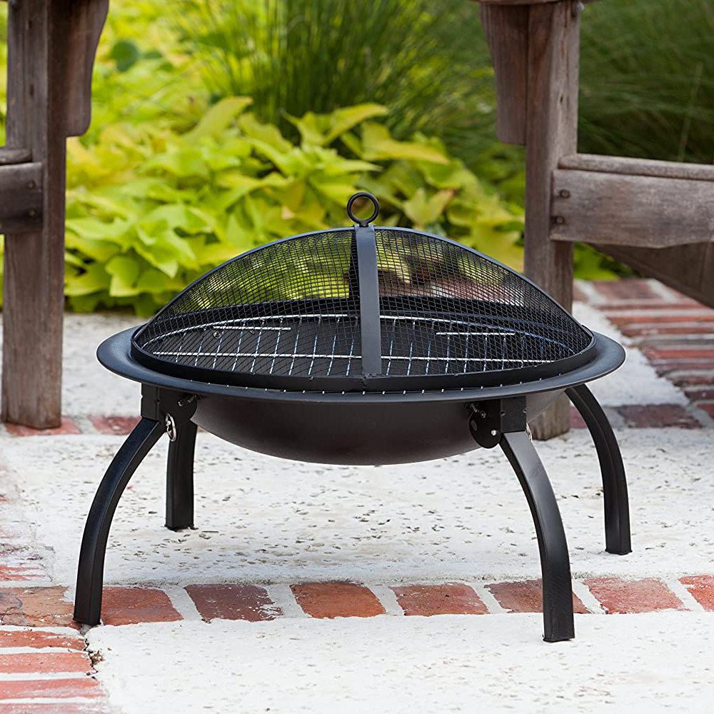 Fire Sense Portable Folding Round Black Steel 29 Inch Fire Pit with Carry Bag | Wood Burning | Mesh Spark Screen, Wood Grate, Cooking Grate, and Screen Lift Tool Included | Lightweight Patio