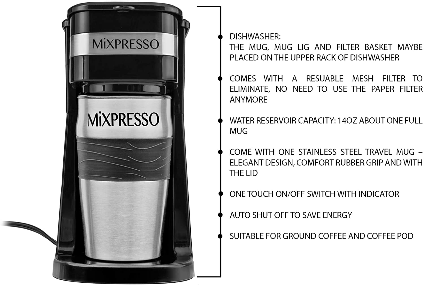 Mixpresso 2-In-1 Single Cup Coffee Maker & 14oz Travel Mug Combo | Portable & Lightweight Personal Drip Coffee Brewer & Tumbler Advanced Auto Shut Off Function & Reusable Eco-Friendly Filter
