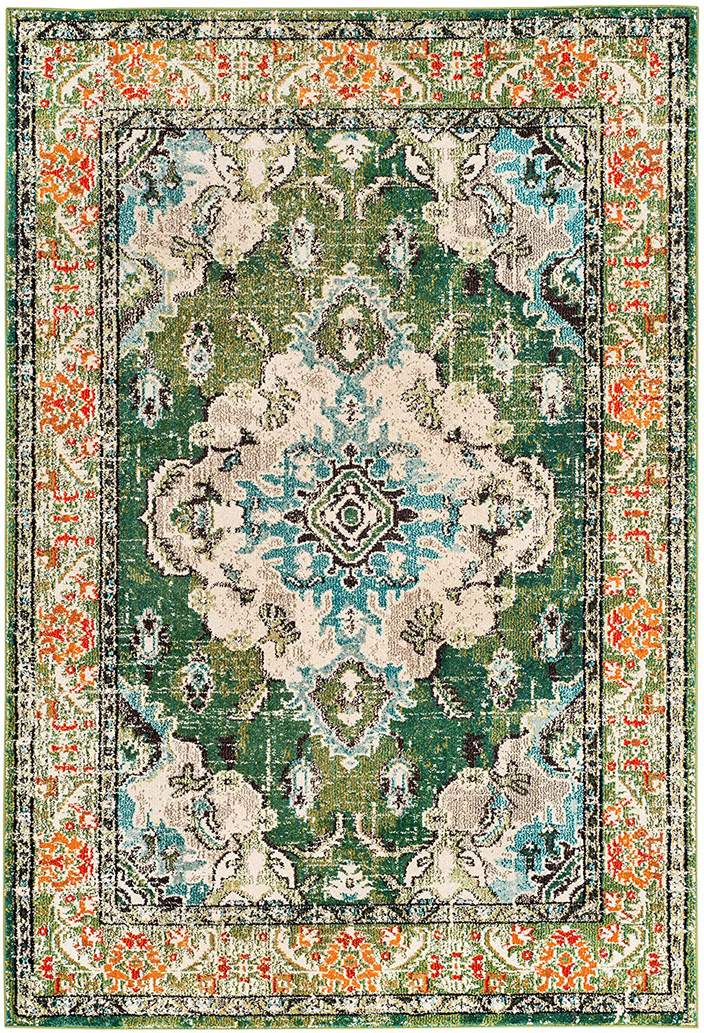 Safavieh Monaco Collection MNC243H Boho Chic Medallion Distressed Non-Shedding Dining Room Entryway Foyer Living Room Bedroom Area Rug, 5' x 5' Round, Orange / Light Blue