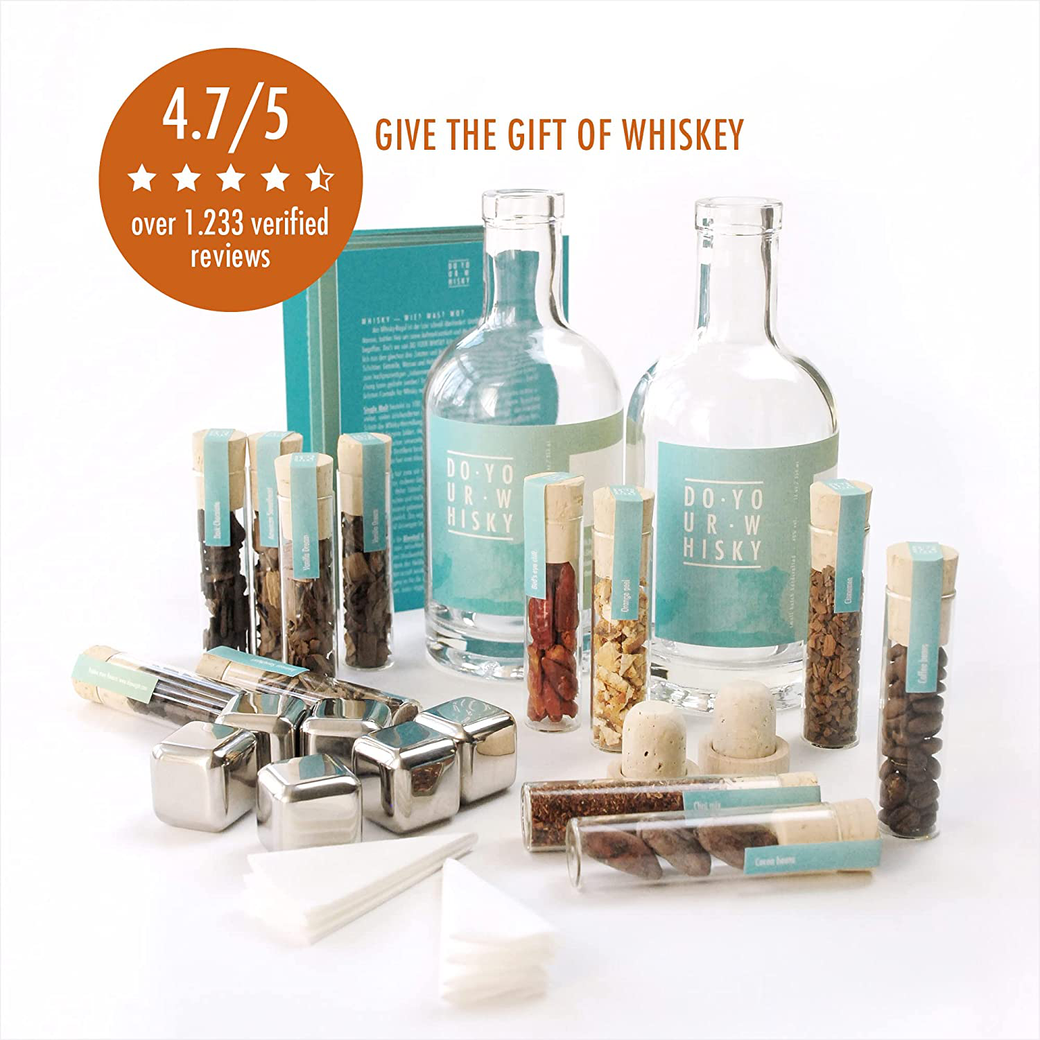 DO YOUR WHISKY Infusion | DIY Kit for Homemade Whisky Flavor | Original Gift Set | 12 Woodchip Blends & Botanicals in Glass Tubes | 6 Whiskey Stones | DO YOUR GIN as Seen in GQ, Vogue | Gifts for Men