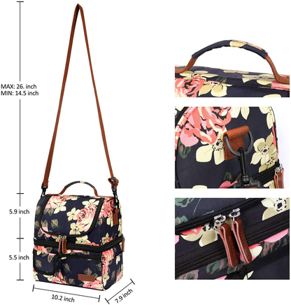 LOKASS Lunch Bags for Women Double Deck Insulated Lunch Box Large Cooler Tote Bag with Removable Shoulder Strap Wide Open Thermal Meal Prep Lunch Organizer Box for Adults/Work/Outdoor, Black Peony