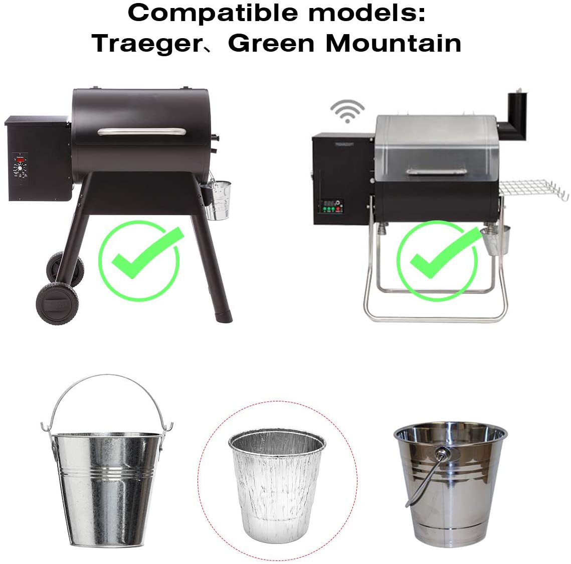 YAOAWE Grill Drip Grease Bucket & 5 Pack Foil Liners Compatible with Traeger Wood Pellet Grills HDW152 & Oklahoma Joe's & Z Grill BBQ Smokers Accessories