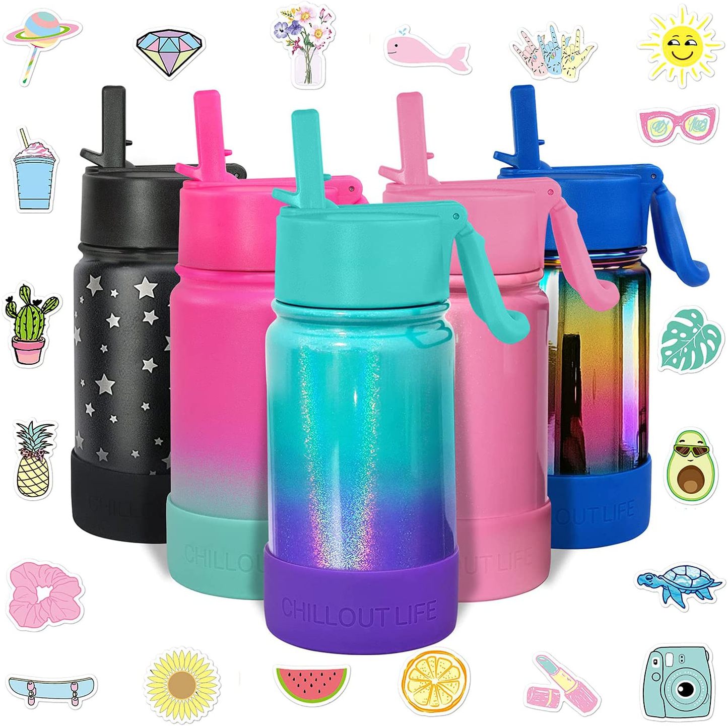 CHILLOUT LIFE 17 oz Insulated Water Bottle with Straw Lid for Kids and Adult + 20 Cute Waterproof Stickers - Perfect for Personalizing Your Kids Metal Water Bottle