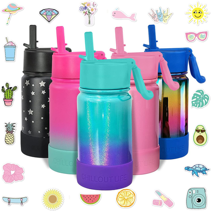 CHILLOUT LIFE 17 oz Insulated Water Bottle with Straw Lid for Kids and Adult + 20 Cute Waterproof Stickers - Perfect for Personalizing Your Kids Metal Water Bottle