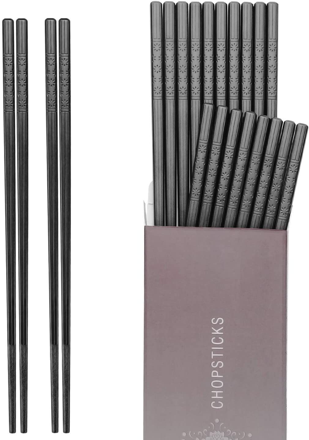 Hiware 10 Pairs Fiberglass Chopsticks - Reusable Chopsticks Dishwasher Safe, 9 1/2 Inches - Black