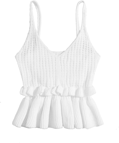 SweatyRocks Women's Casual Knit Top Sleeveless Ruffle Hem V Neck Peplum Crop Tank Top