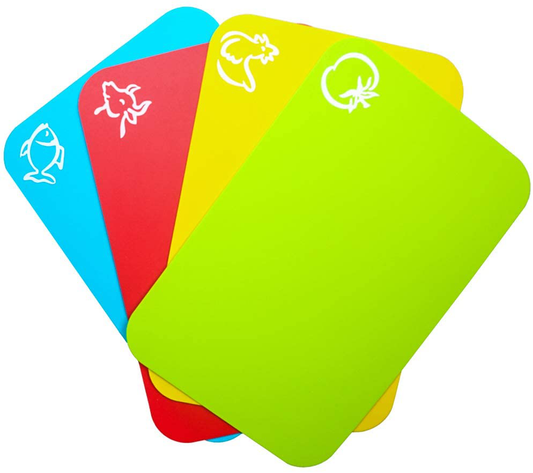 Carrollar Small Flexible Plastic Cutting Board Mats, Colored Mats With Food Icons, BPA-Free, Non-Porous, Gripped Back and Dishwasher Safe, Set of 4 (7.5x11.4inch)