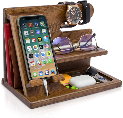 TESLYAR Wood Phone Docking Station Ash Key Holder Wallet Stand Watch Organizer Men Gift Husband Wife Anniversary Dad Birthday Nightstand Purse Father Graduation Male Travel Idea Gadgets (Brown)