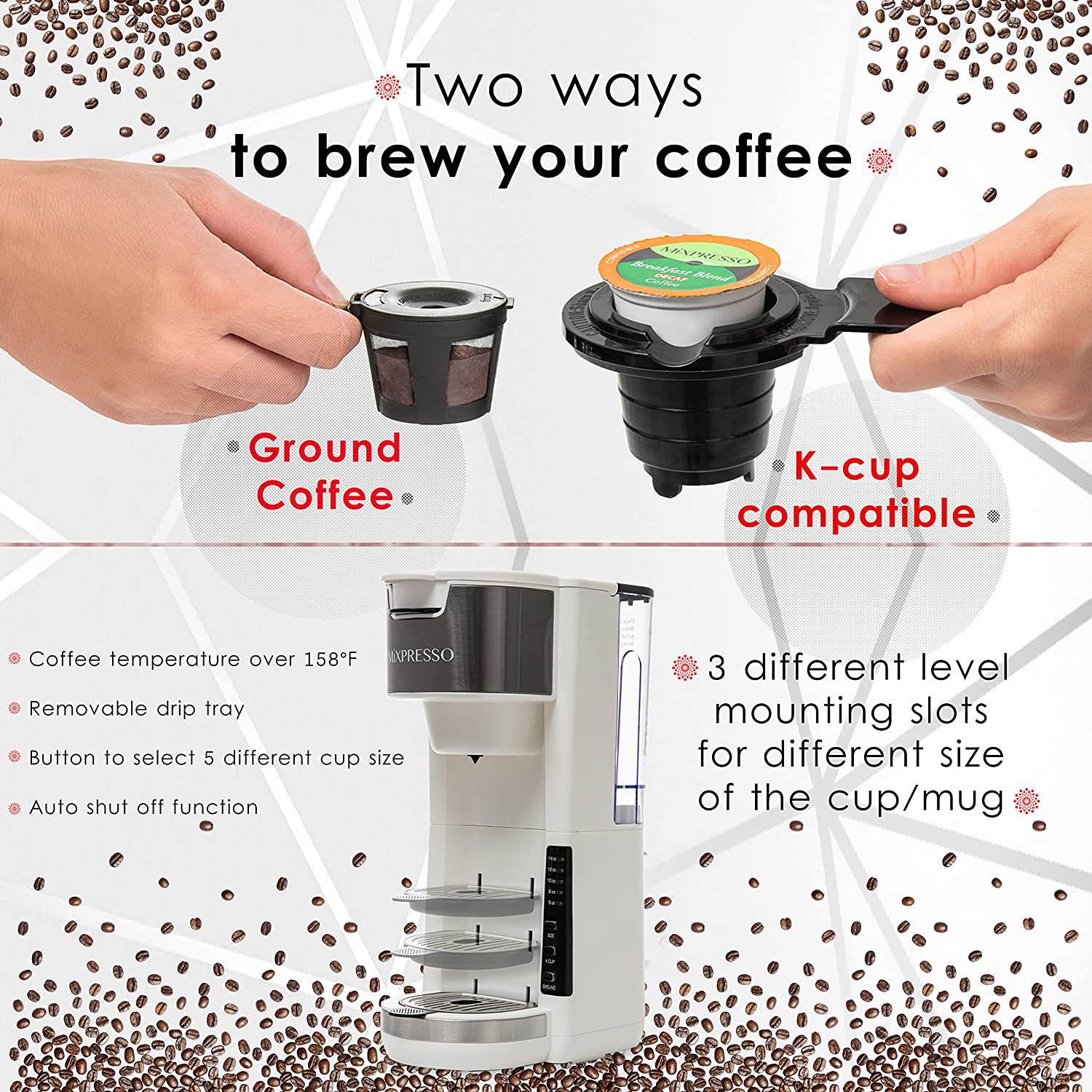 Mixpresso Single Serve 2 in 1 Coffee Brewer K-Cup Pods Compatible & Ground Coffee,Compact Coffee Maker Single Serve With 30 oz Detachable Reservoir, 5 Brew Size and Adjustable Drip Tray (Red)