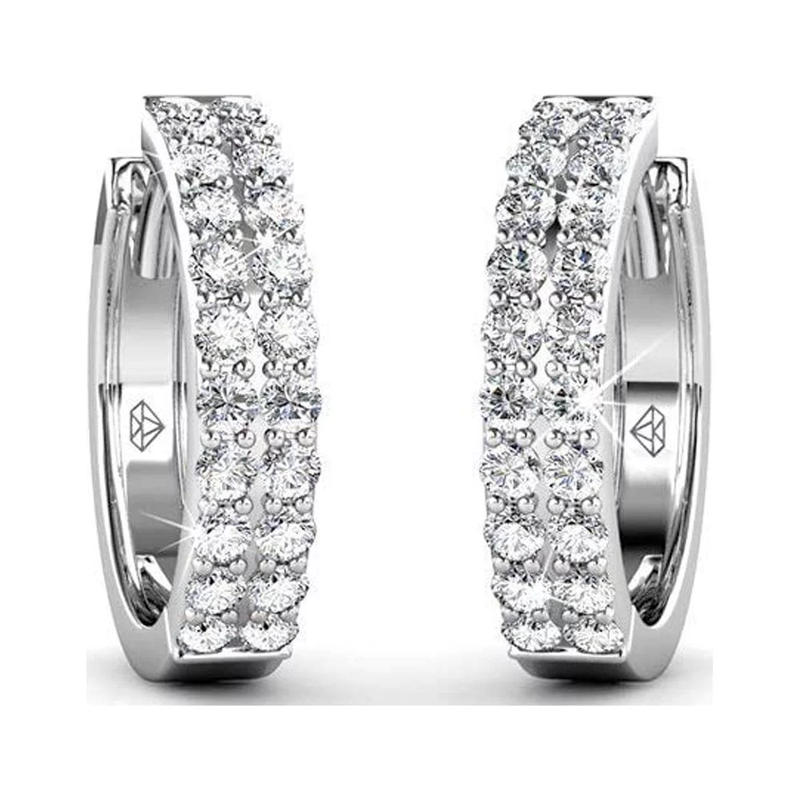 18K White Gold Plated Silver Hoop Earrings with Crystals