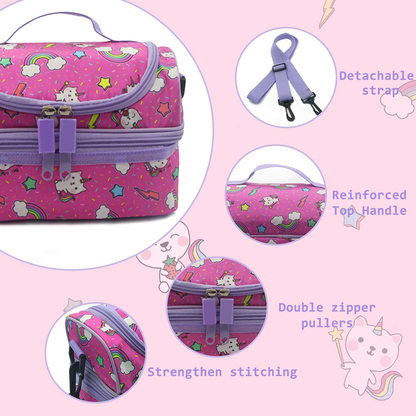 Lunch Bag for Girls,ChaseChic Insulated Lunch Boxes Bag for Kids Lightweight Lunch Organizer Leak-Proof Cooler Bag in Dual Compartment with Detachable Adjustable Shoulder Strap 3-18Years,Pink Cat
