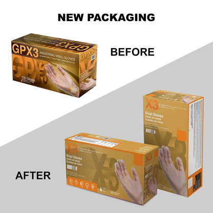 X3 Clear Vinyl Industrial Gloves, Box of 100, 3 Mil, Size Large, Latex Free, Powder Free, Disposable, Food Safe, GPX346100-BX