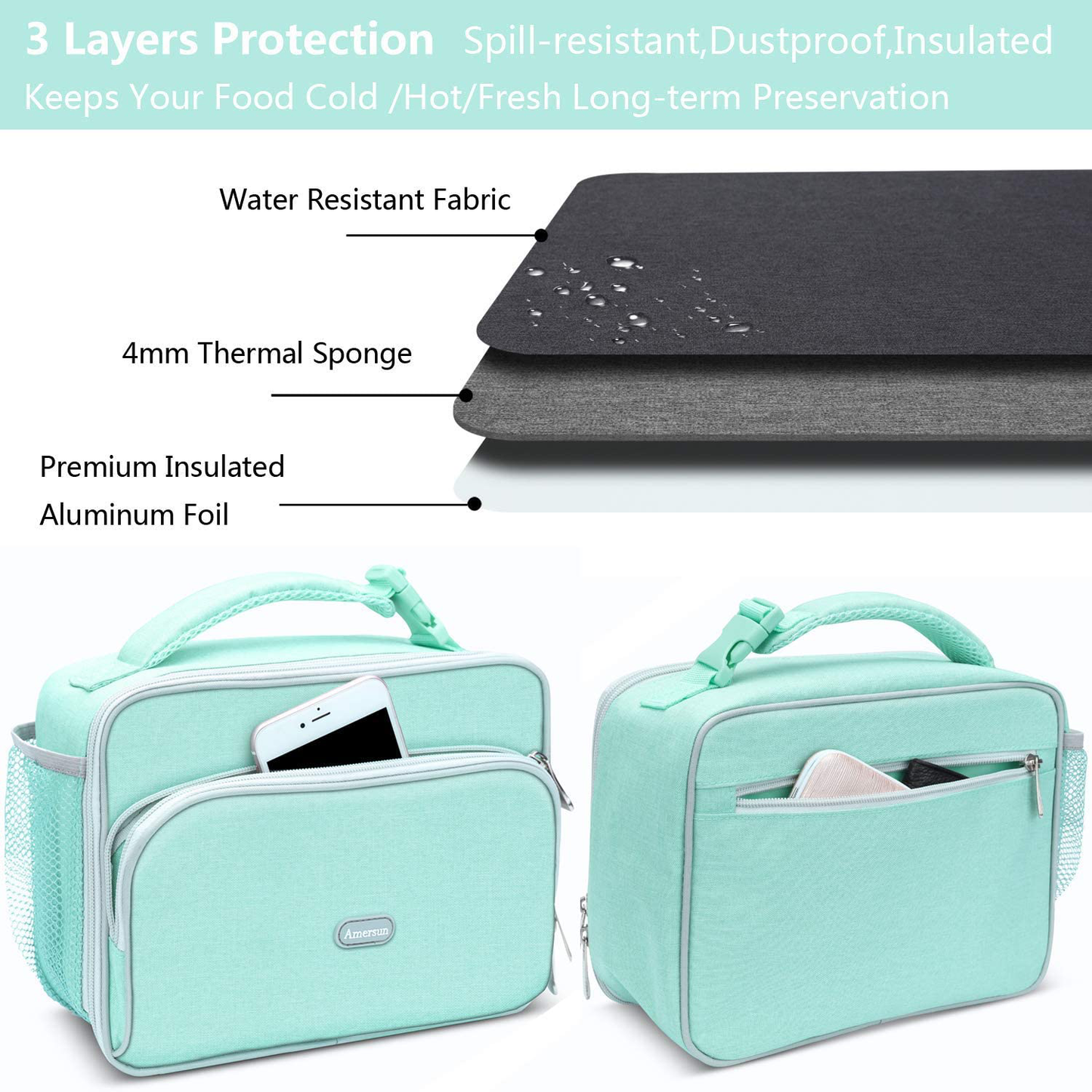 Amersun Kids Lunch Bag, Durable Insulated School Lunch Bag with Padded Liner Keeps Food Warm Cold Longer Time,Small Water-resistant Thermal Travel Office Lunch Cooler for Teen Girls-2 Pockets, Purple