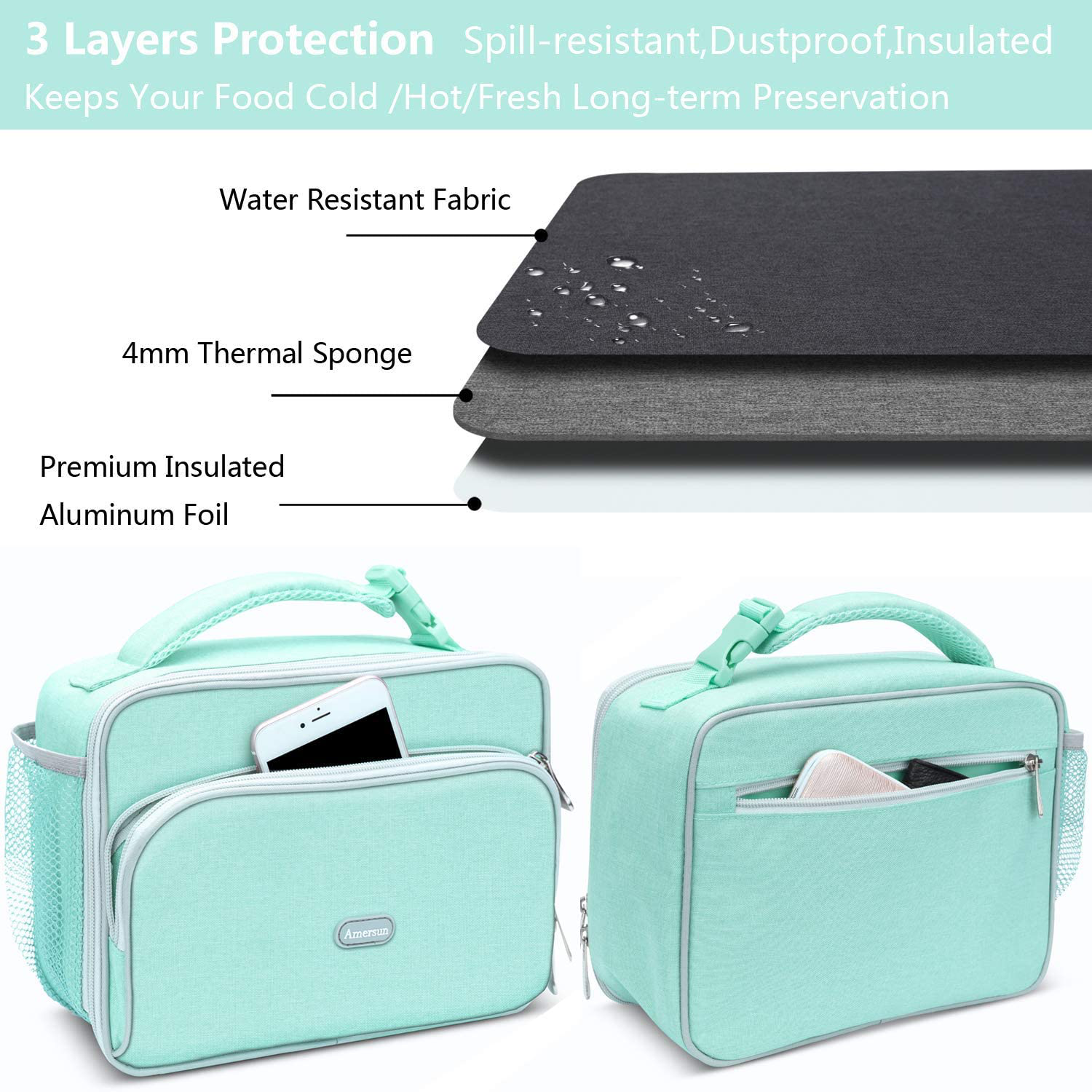 Amersun Kids Lunch Bag, Durable Insulated School Lunch Bag with Padded Liner Keeps Food Warm Cold Longer Time,Small Water-resistant Thermal Travel Office Lunch Cooler for Teen Girls-2 Pockets, Purple